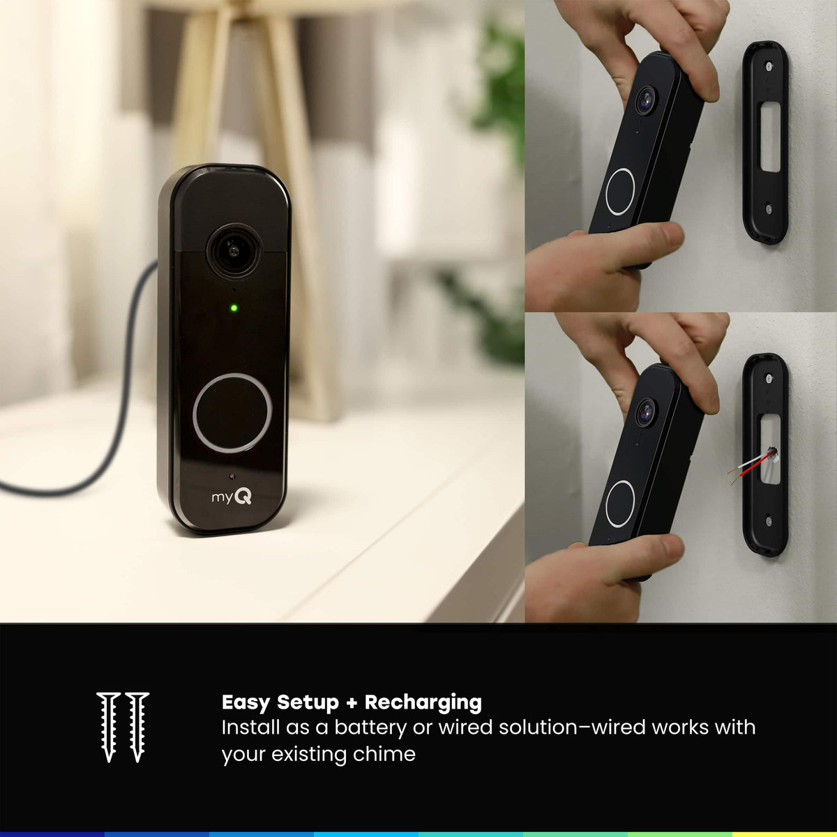 Chamberlain - myQ Video Doorbell | 2K Camera, Battery/Wired, Color Night Vision, Live View with 2-Way Talk, Motion Detection & Alerts - Black