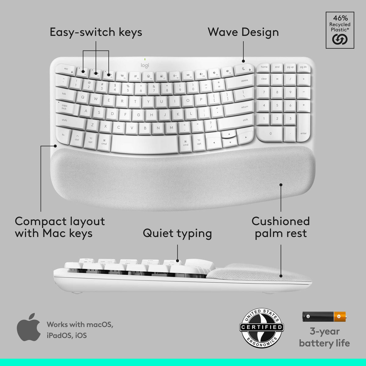 Logitech - Wave Keys for Mac and Lift Vertical for Mac Wireless Ergonomic Keyboard and Mouse Bundle for macOS/iPadOS - Off-White