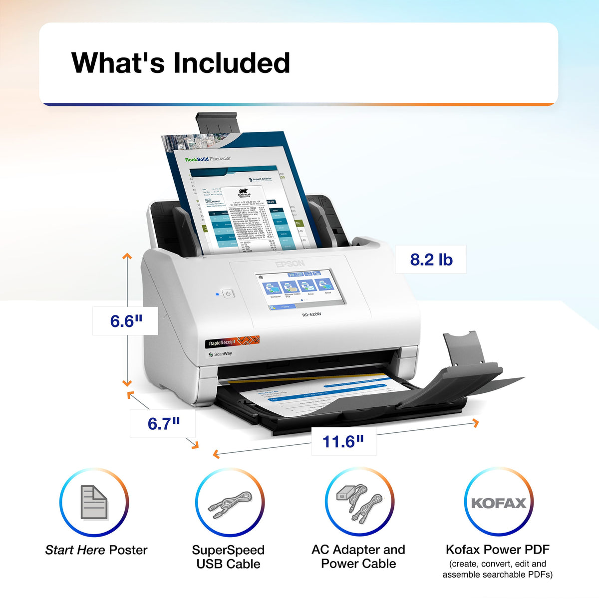 Epson - RapidReceipt RR-620W Wireless & USB High-Speed AI & Cloud Ready Desktop Color Duplex Receipt & Document Scanner - White