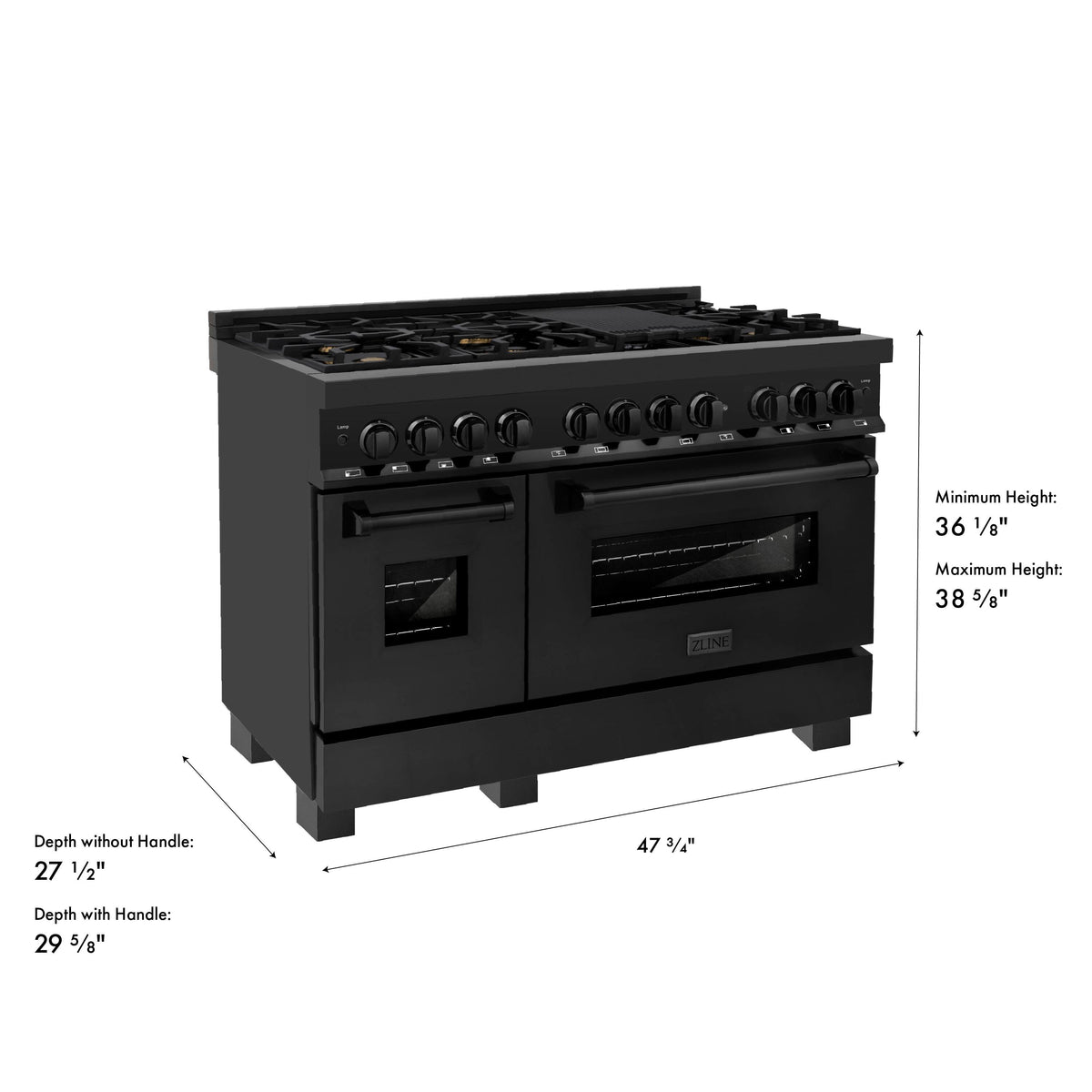 ZLINE - 48 in. Wide 8 Burner 6.0 cu. ft. Freestanding Legacy Dual Fuel Range with Gas Cooktop and 2 Ovens in Black Steel - Multicolor