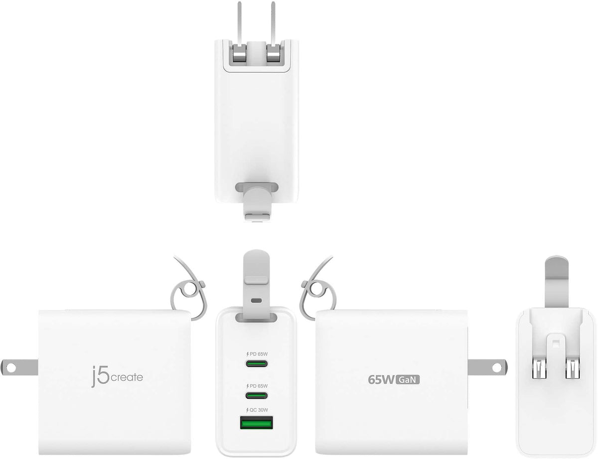 j5create - 65W GaN USB-C® 3-Port Travel Charger with changeable AC plugs and USB-C® cable - White