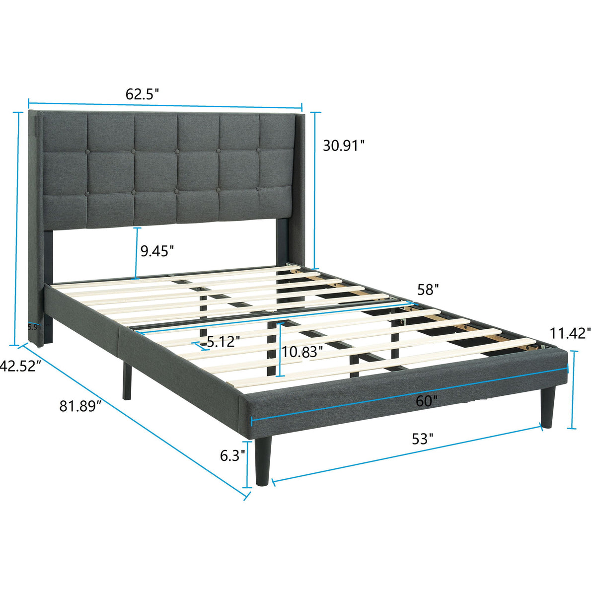 Base de cama tapizada Queen con cabecero de tela de lino con botones capitoné - Gris Oscuro