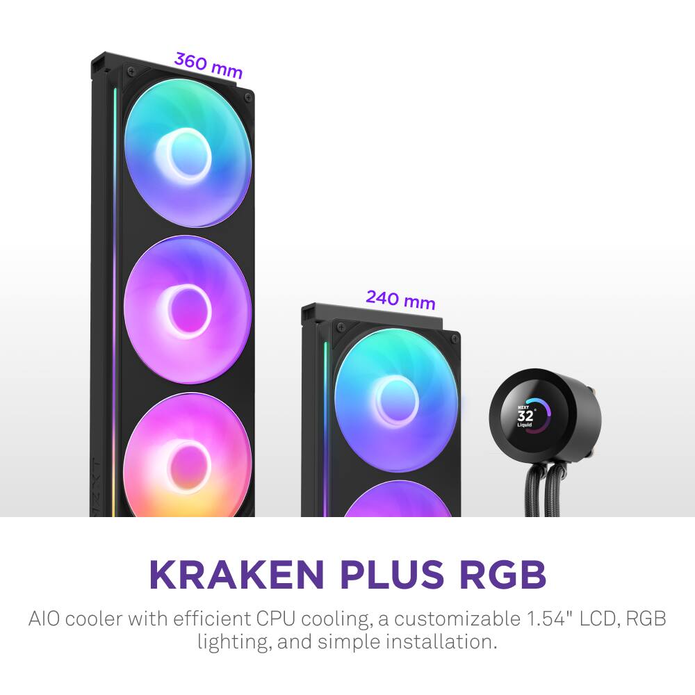 NZXT - Kraken Plus RGB 240mm Radiator CPU Liquid Cooler (1 x F240 RGB Core single-frame fan) with 1.54" Square LCD - Black