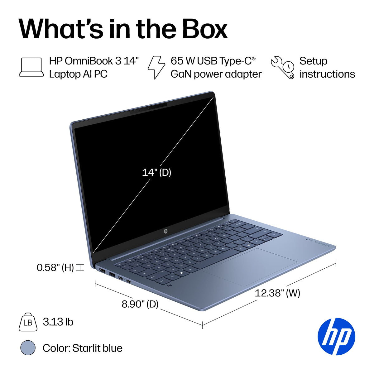 HP - OmniBook 3 - 14" 2K OLED Laptop - Snapdragon X (8-core) - 8GB Memory - 256GB SSD - Starlit Blue
