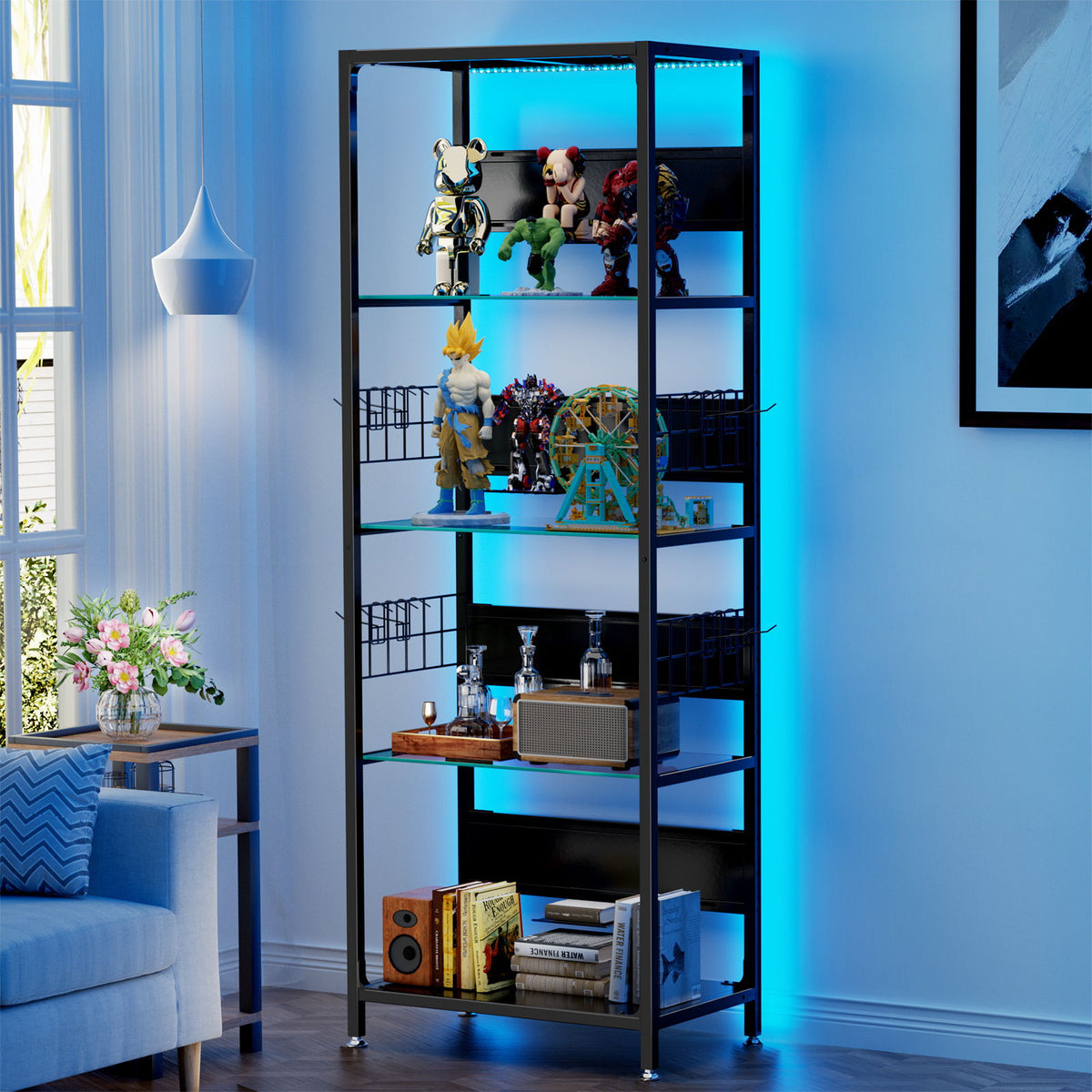 Estantería de exhibición de 4 niveles con luces RGB, vitrina iluminada con LED con caja de almacenamiento ajustable y ganchos - Negro