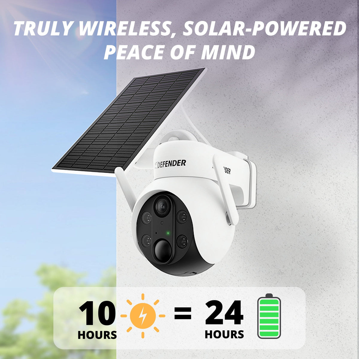 Defender - Solar Powered 4K AI Everwatch Wireless Security PTZ Camera with 3W Solar Panel, AI Detection, 3 Pack - White