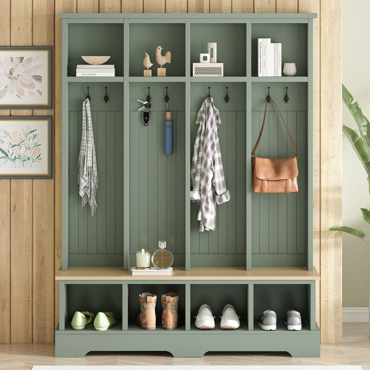 Hall Tree With 8 Hooks, Practical Entryway Bench With Open Compartments