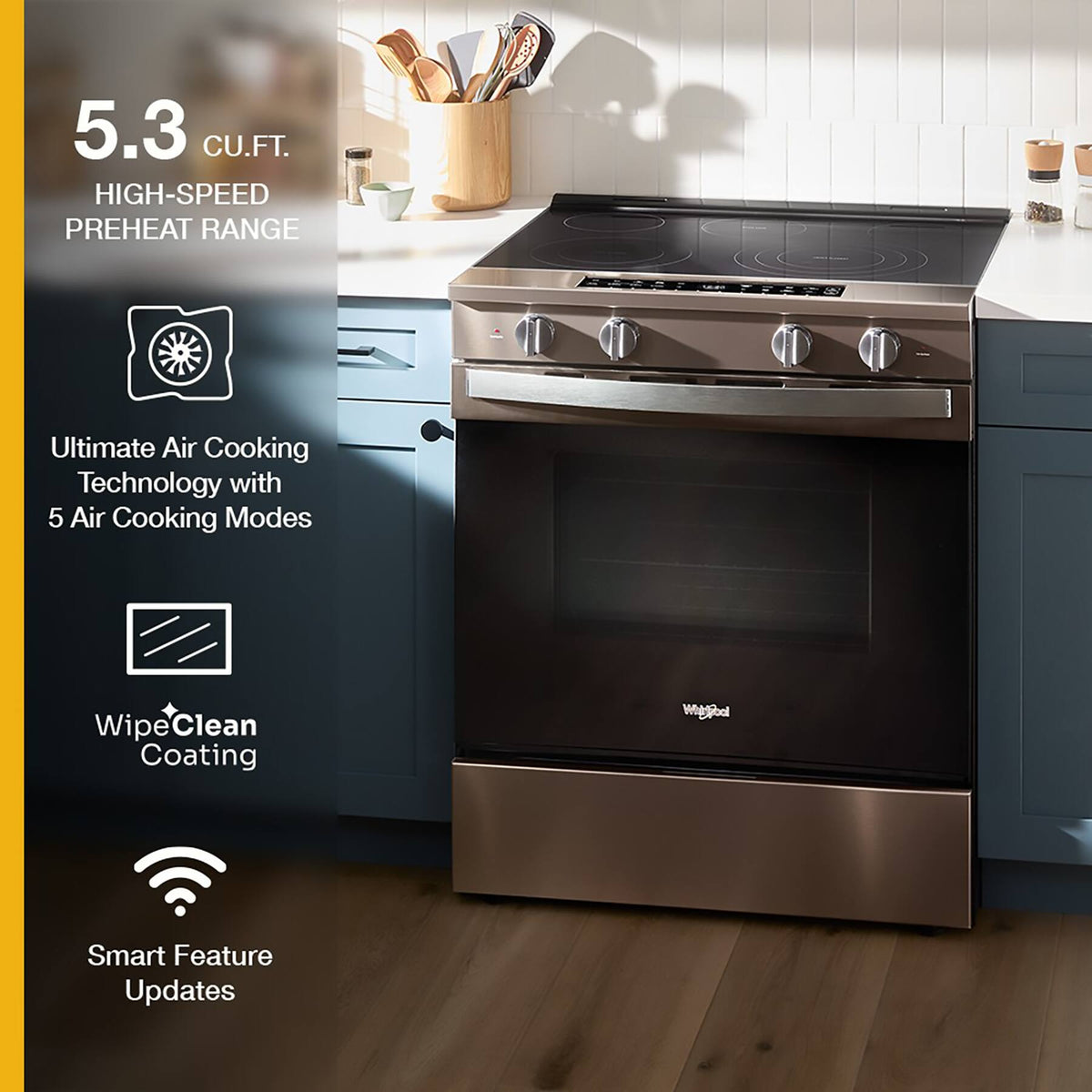 Whirlpool - 30” Wide 5 element 5.3 cu. ft. Smart Slide-In Electric Range-Air Cook Technology, No Preheat Air Fry, WipeClean Coating - Black Stainless Steel