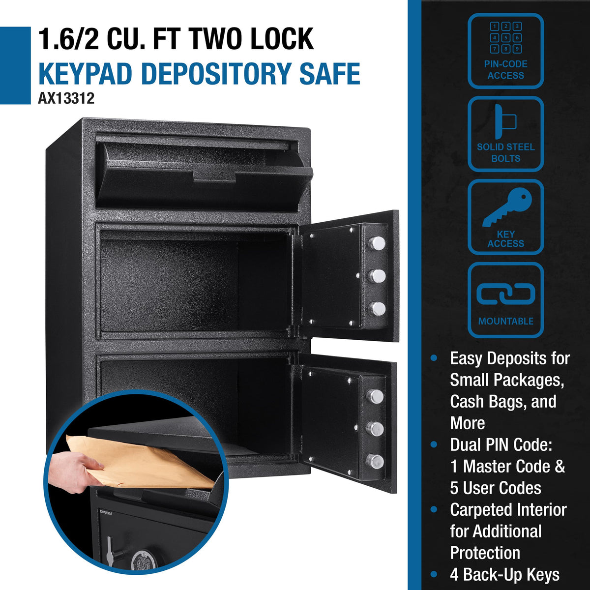 Barska - Large Digital Depository Safe with Drop Slot-Solid Steel, Dual Keypad Access, 5 Deadbolts - Black