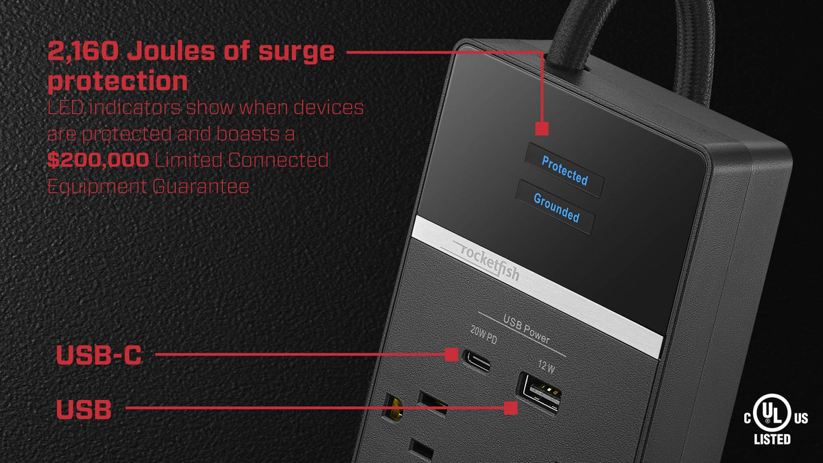 Rocketfish™ - 6-Outlet 2160 Joules Surge Protector with USB and USB-C - Black