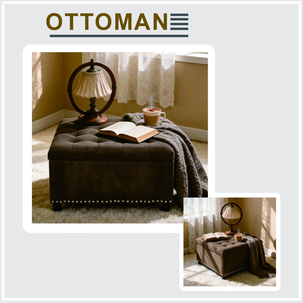 Otomana cuadrada con botones y borde de tachuelas