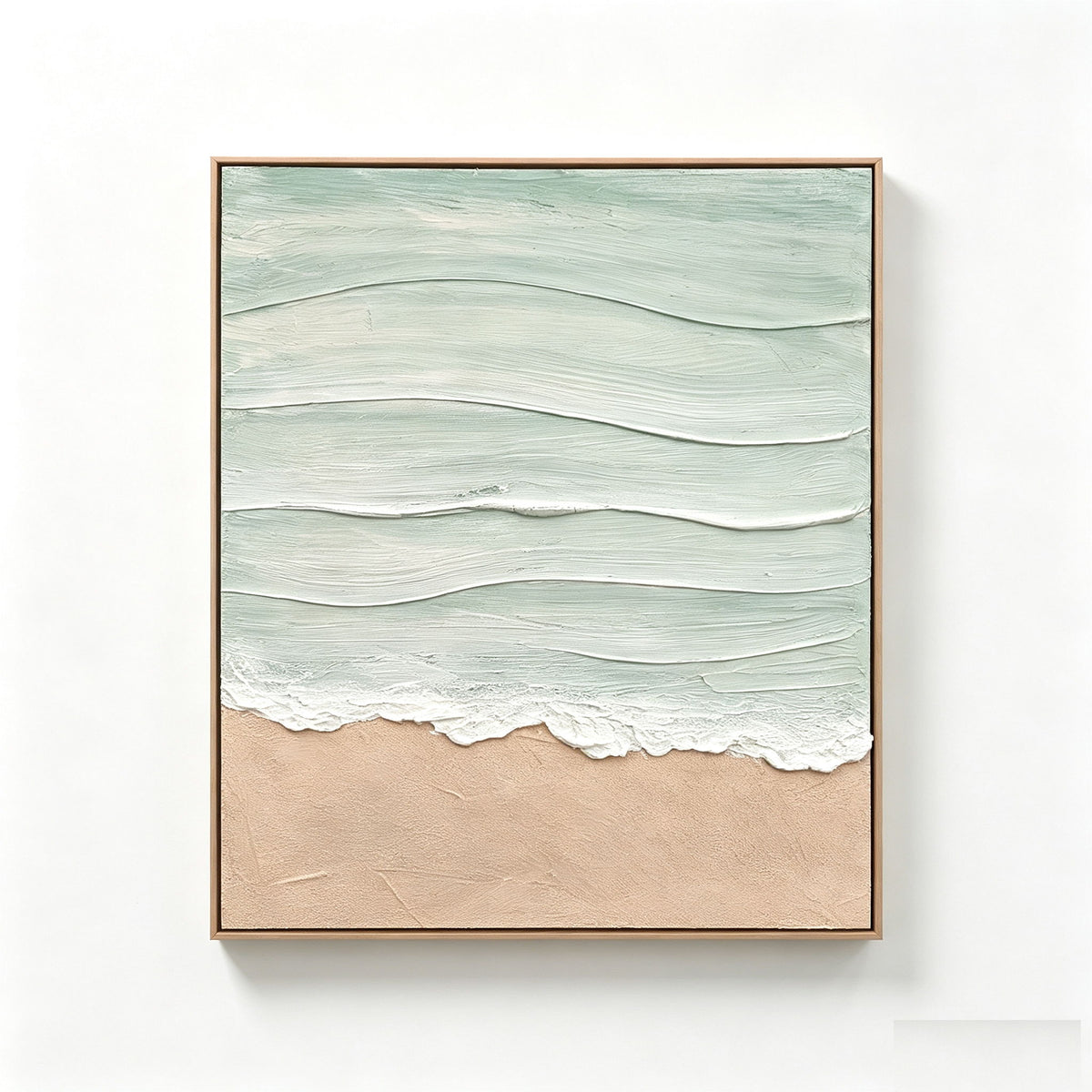 Arte de pared de playa enmarcado, pintura en lienzo texturizado, decoración de océano neutra para sala de estar - Beige / Azul