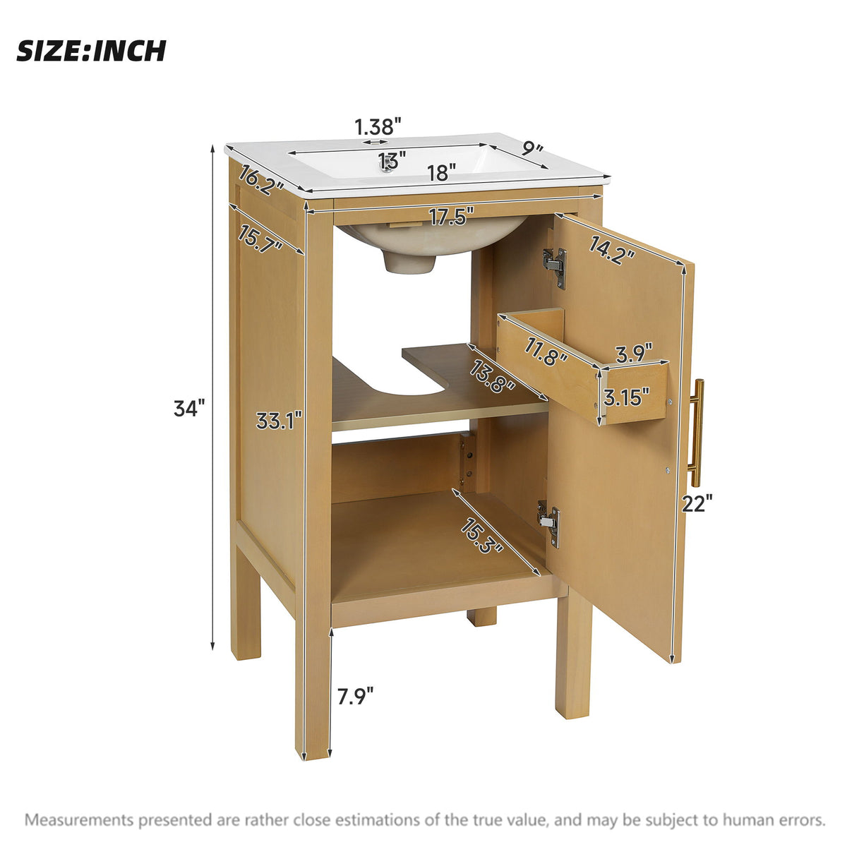 Mueble de Baño con Lavabo, Estante Ajustable, Bisagras de Cierre Suave - Madera Natural