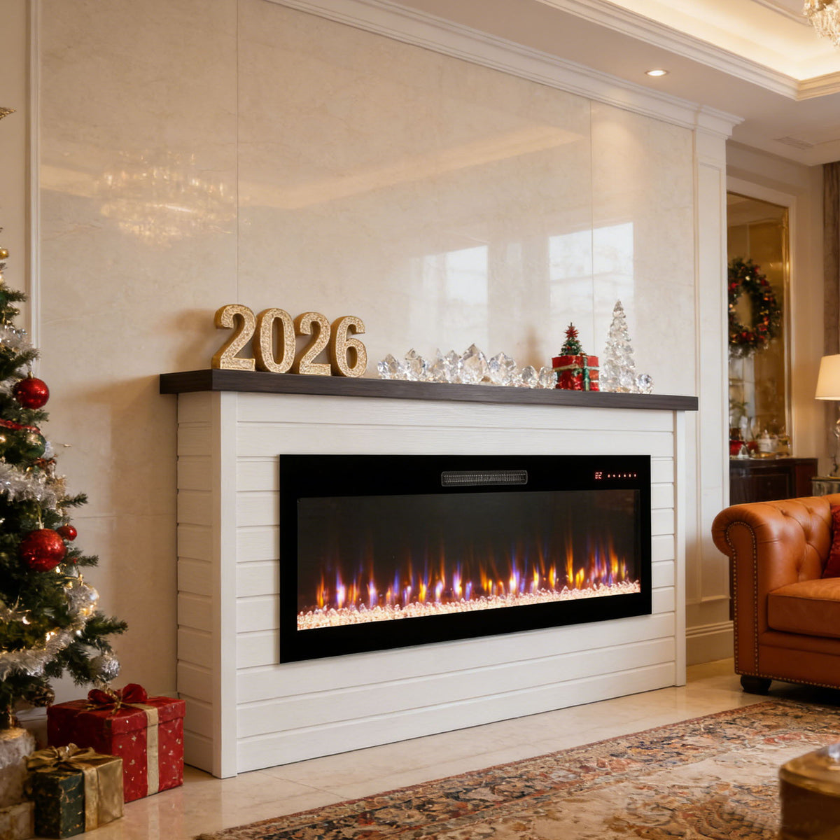 Chimenea Eléctrica de 65" con Mantel de Pared, Calentador de Chimenea Empotrable de 50", Control Remoto, Temporizador para Sala de Estar - Blanco Antiguo