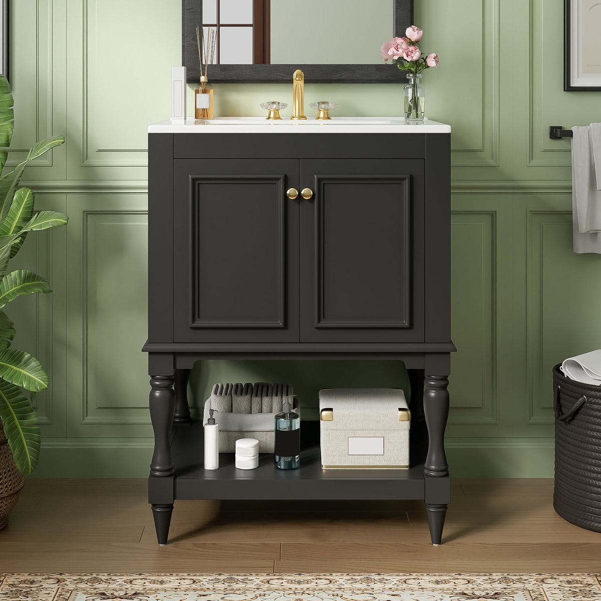 Mueble de baño moderno con lavabo, gabinete rectangular con estante abierto y almacenamiento cerrado