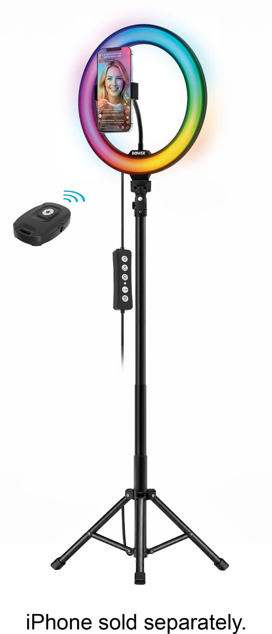 Bower - Luma Slim 10" Multicolor Ring Light with 60" Stand, Phone Holder and Wireless Remote - Black
