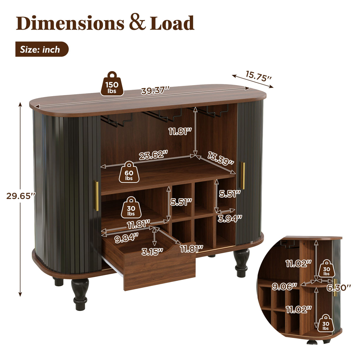 Mueble bar estriado para licores y café con 6 botelleros y 3 soportes para copas