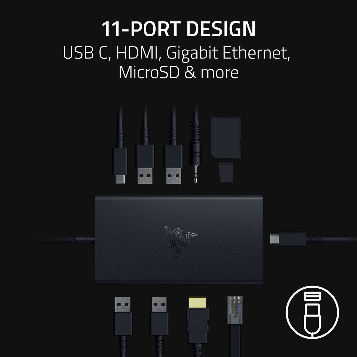 Razer - USB C Dock Station with 11 Ports for Windows 10 or later (PC with USB‑C); macOS 10.13 or later (Mac) - Black