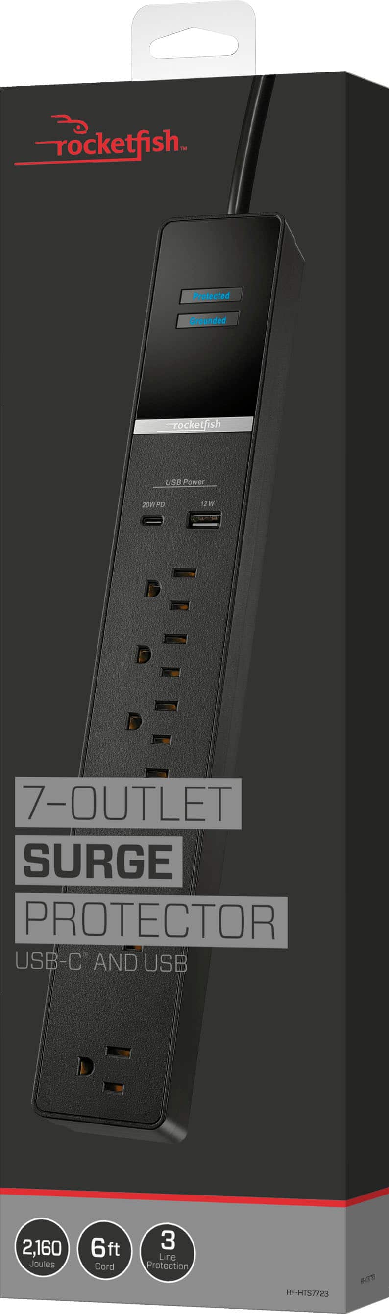 Rocketfish™ - 7-Outlet/1-USB/1-USB-C 2160 Joules Surge Protector Strip - Black