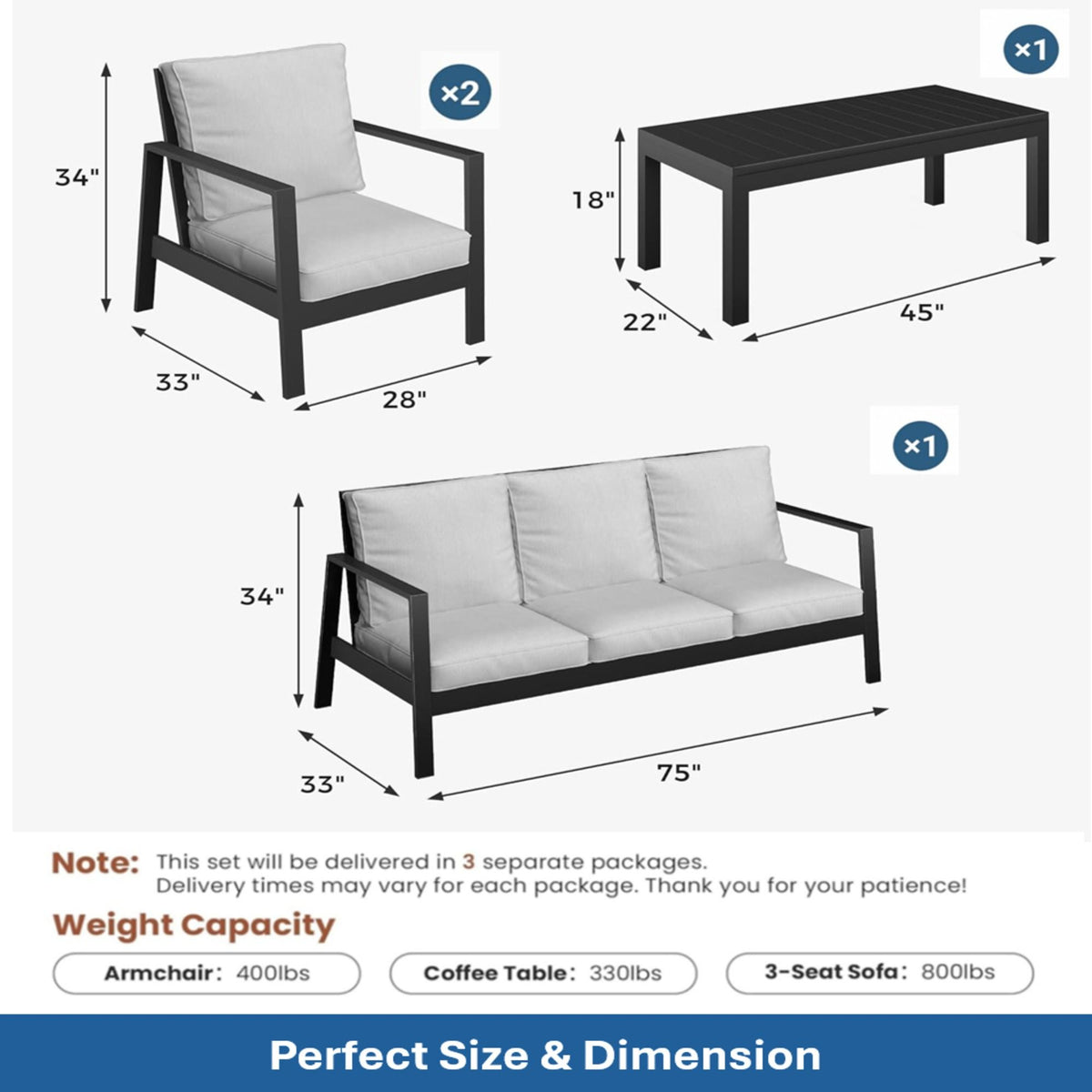 Juego moderno de muebles de patio exterior de 5 plazas con mesa de centro