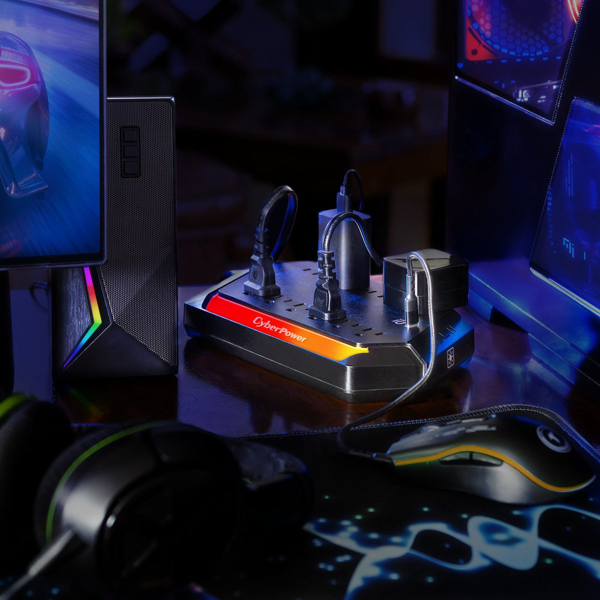CyberPower - GXS1005C2 10 Outlet Surge Protector with RGB Lighting and USB Charging Ports - Black
