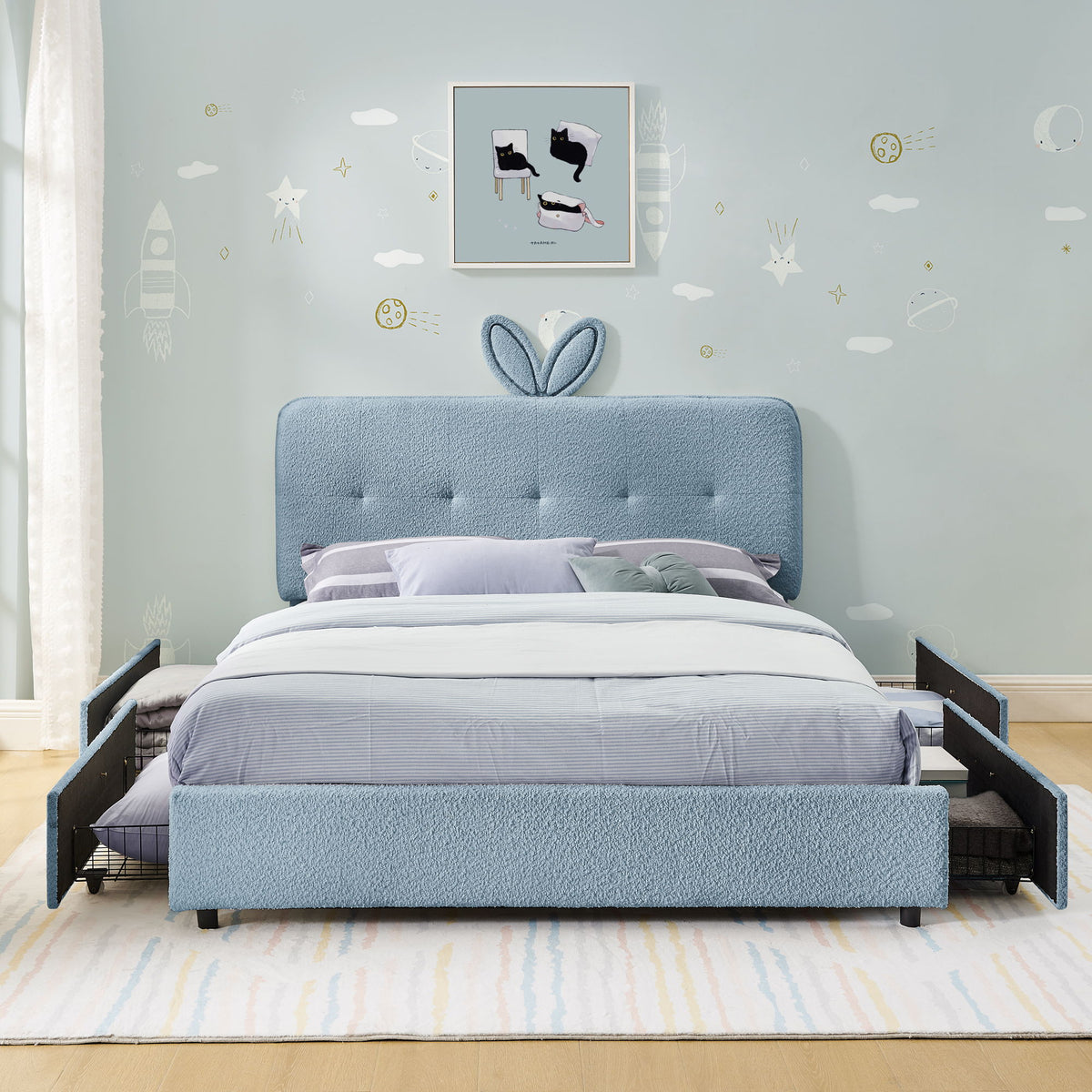 Upholstered Bed With Oversized Rabbit Ear Headboard, LED Lights & 4 Storage Drawers