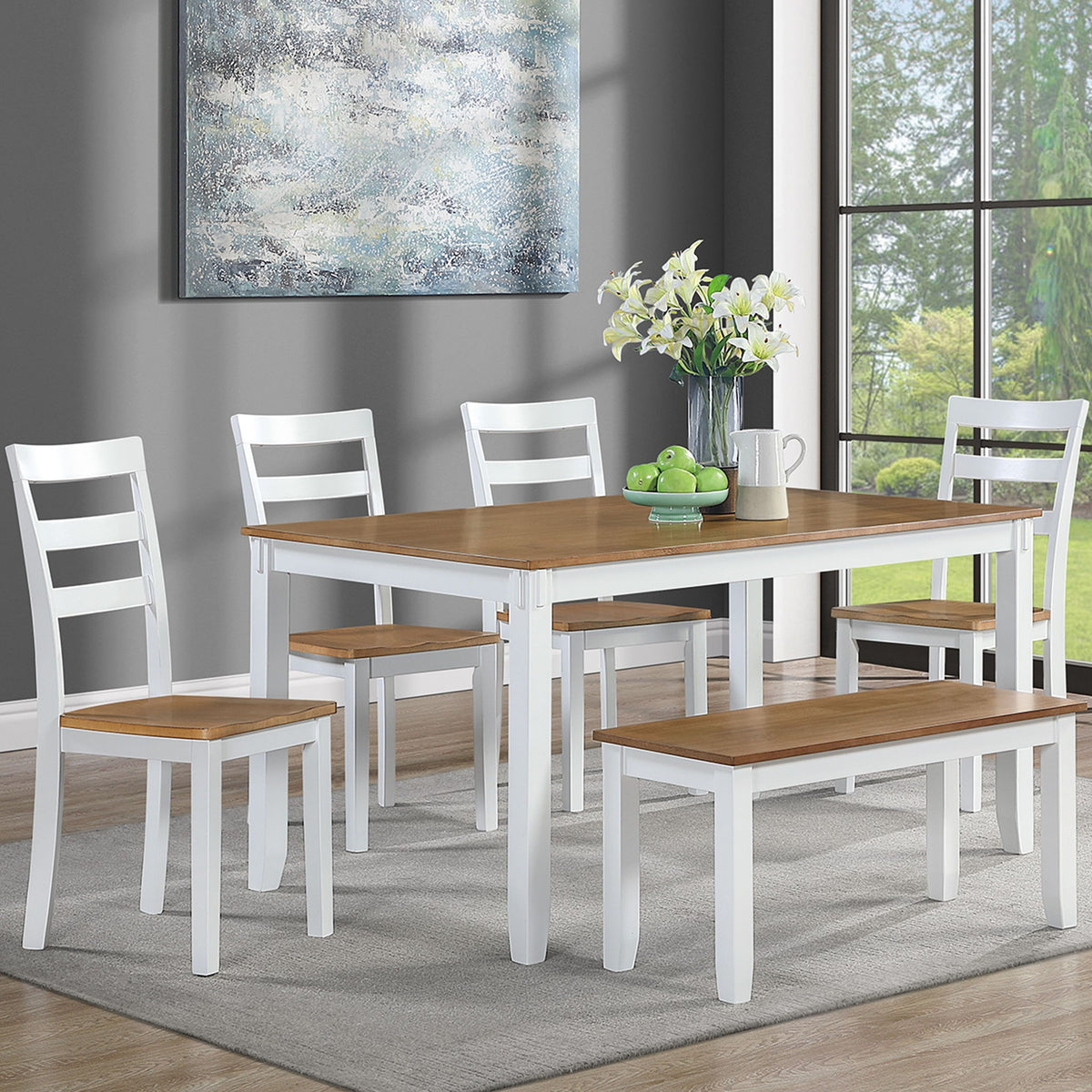Juego de comedor de 6 piezas: mesa con 4 sillas laterales y banco - Marrón claro / Blanco
