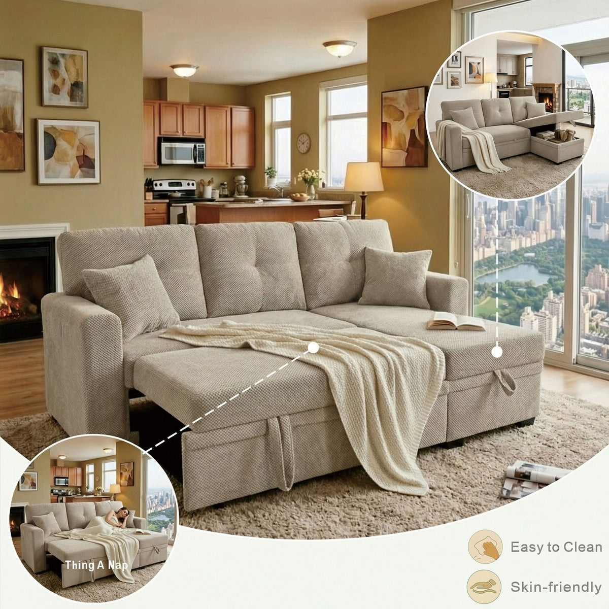 Sofá seccional cama con nido extraíble, chaiselongue reversible