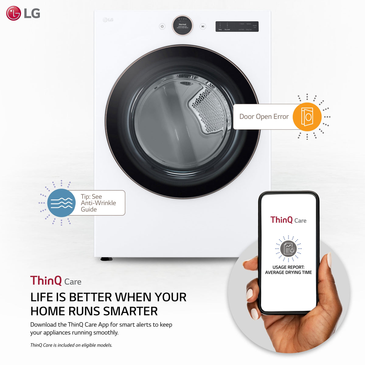 LG - 7.4 Cu. Ft. Stackable Smart Gas Dryer with Steam and Sensor Dry - White