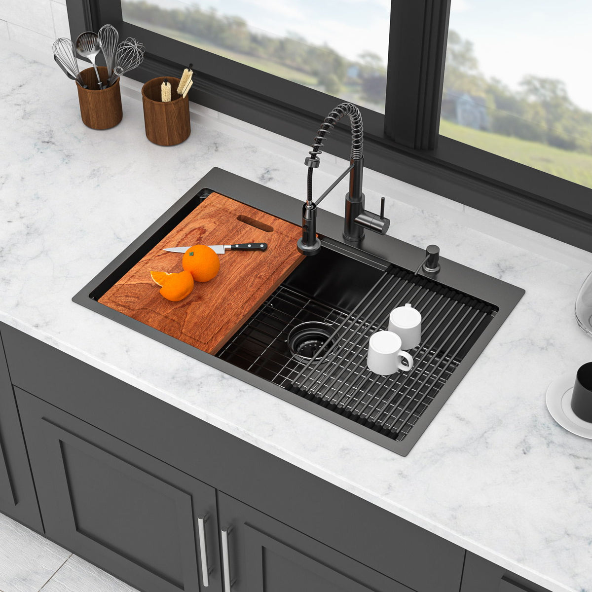 Drop In Workstation Sink Topmount Single Bowl With Pull Out Faucet And Soap Dispenser - Gunmetal Black