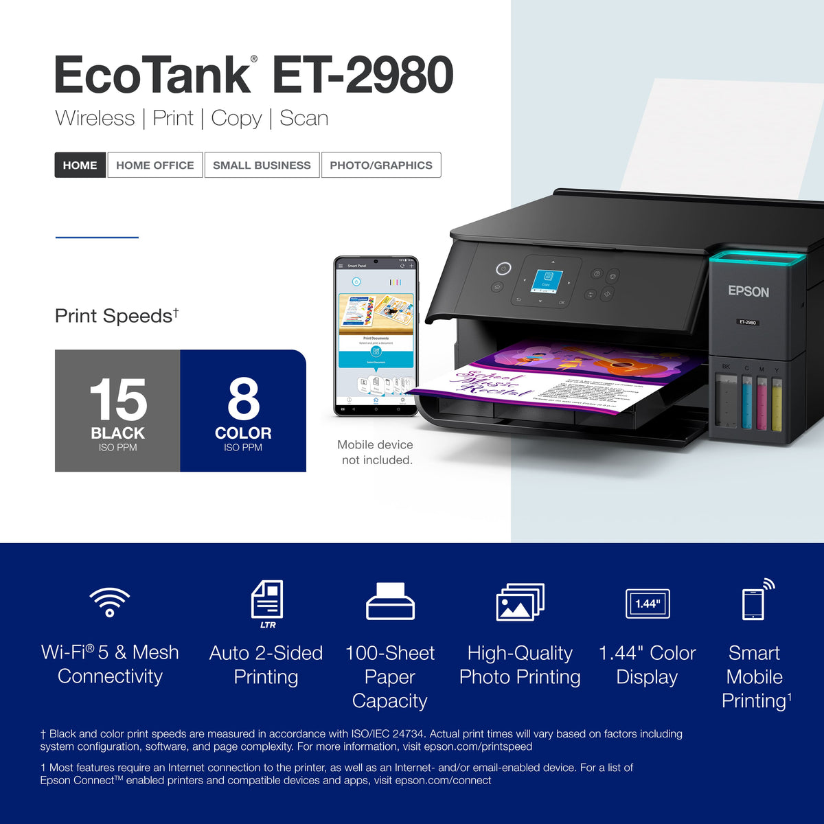 Epson - EcoTank ET-2980 Wireless All-in-One Color Supertank Inkjet Printer - Black