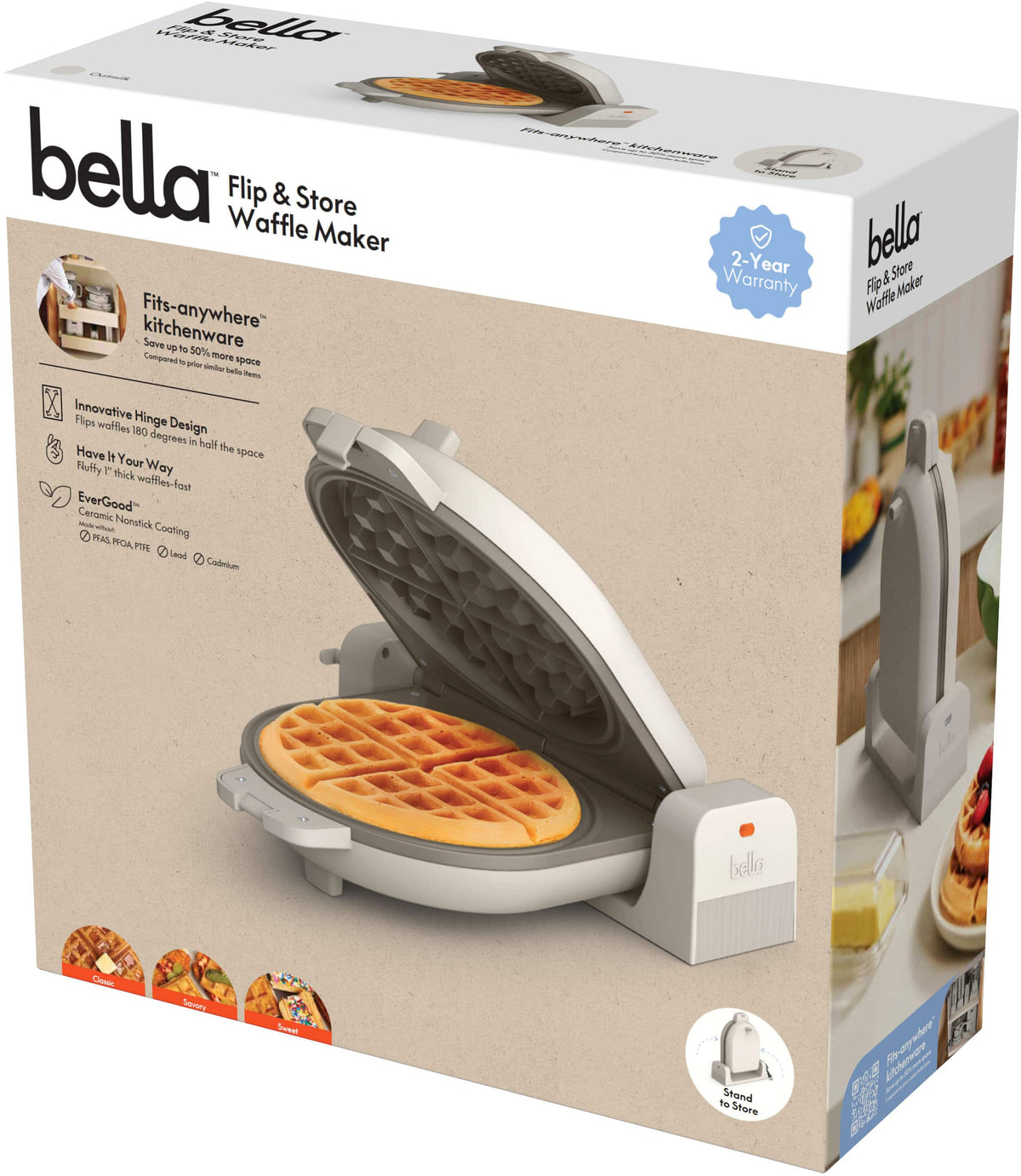 Bella - Fits-anywhere Kitchenware: Flip & Store Belgian Waffle Maker - Oatmilk