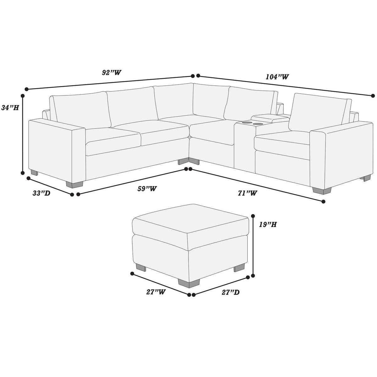 Conjunto de sofá seccional contemporáneo en forma de L con consola USB y otomana