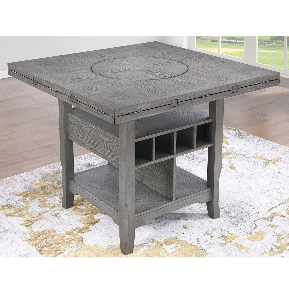 Mesa de comedor de altura de mostrador con bandeja giratoria integrada y estantes de almacenamiento