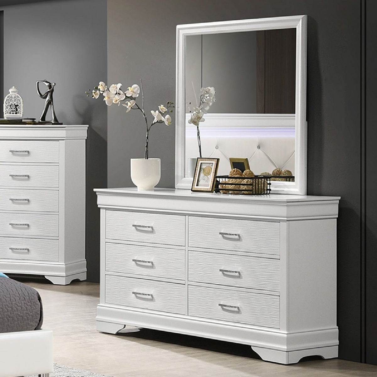 Cómoda de 1 pieza para dormitorio con tiradores de acento de diamante, cajonera - Blanco