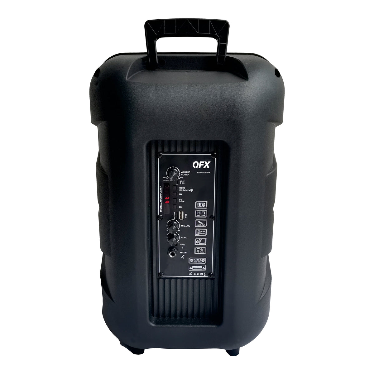 QFX - 12” Bluetooth Rechargeable Portable Speaker with Stand, Microphone and LED Party Lights - Black