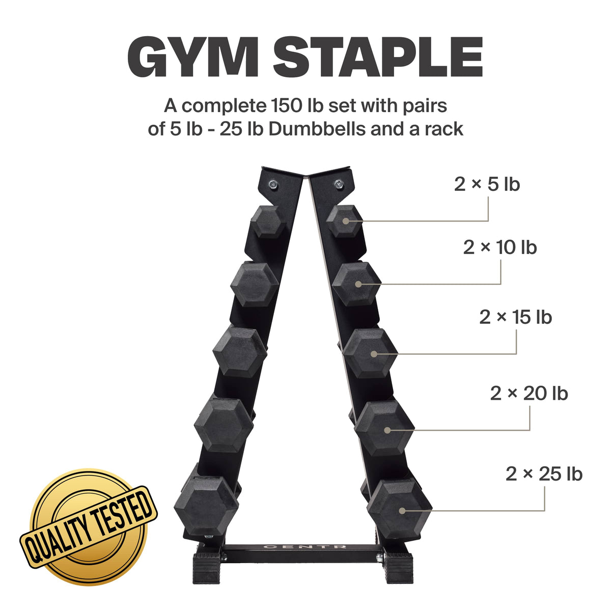 Centr - 5-25 Lb Dumbbell Weight Set with Rack - Black