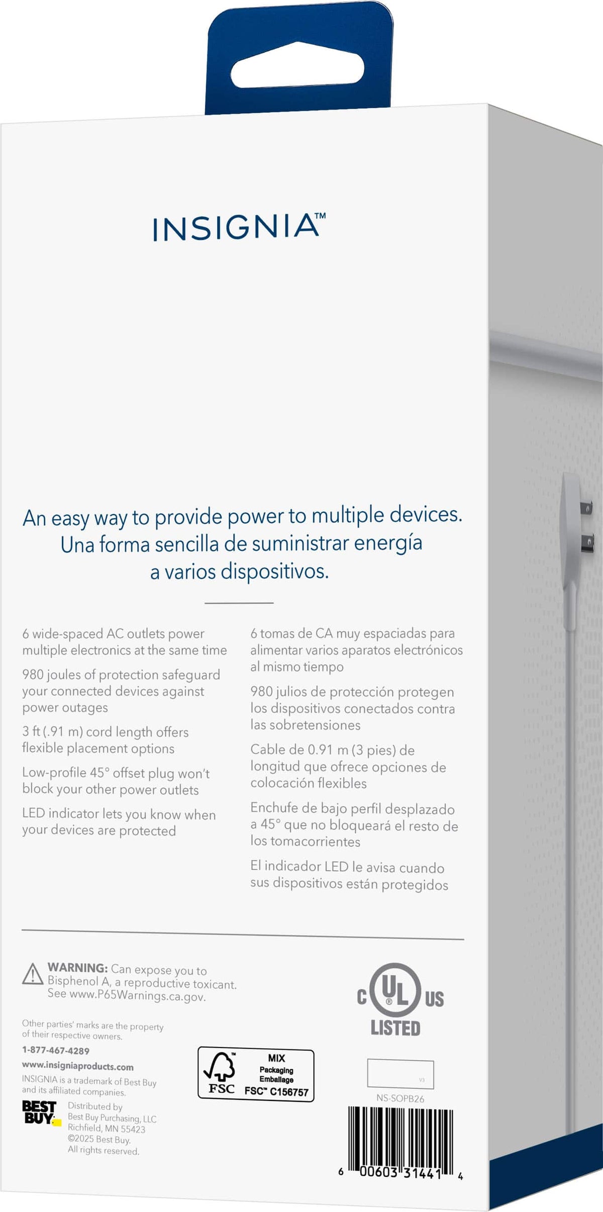 Insignia™ - 6-Outlet 980 Joules Surge Protector Strip with 3 ft. Power Cord - White