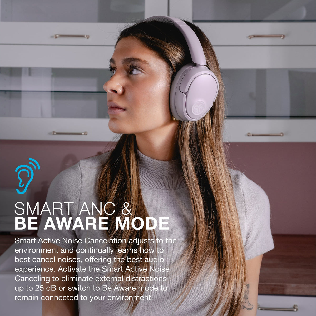 JLab - JBuds Lux ANC Wireless Bluetooth Over-Ear Headphones with Active Noise Cancelling, Spatial Audio & 70+ Hour Battery - Mauve