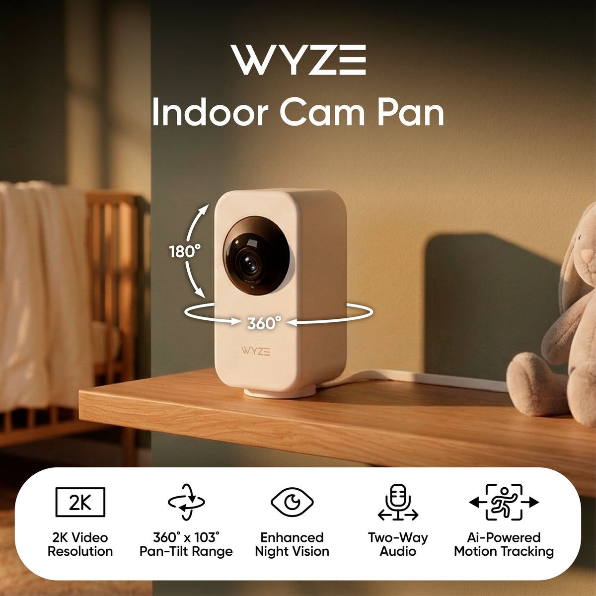 Wyze - Indoor Cam Pan 2K Indoor Pan/Tilt Wired Security Camera with Motion Tracking, Color Night Vision and 2-Way Audio - White