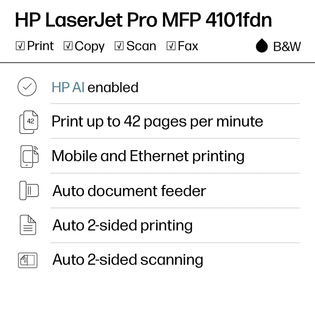 HP - LaserJet Pro MFP 4101fdn AI-Enabled Black-and-White All-in-One Laser Printer - White
