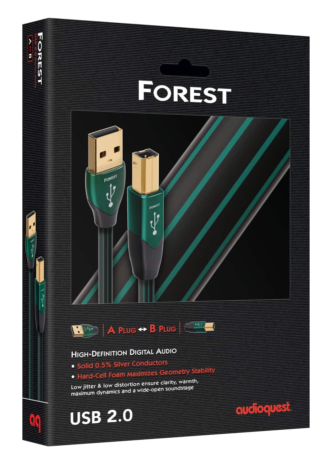 AudioQuest - Forest USB-A > B 4.9' Digital High-Definition Audio Cable with USB-A to USB-B Connectors - Black with Green Stripes