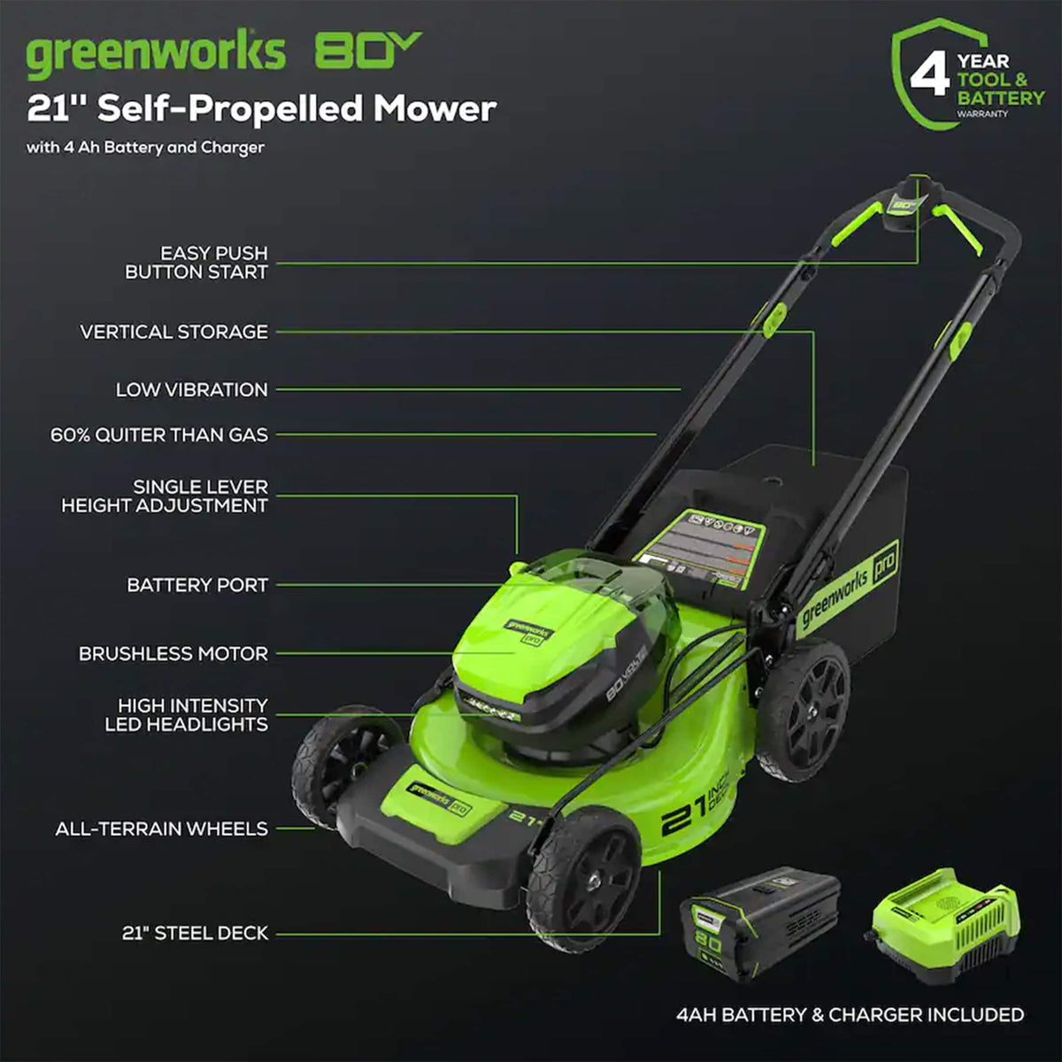 Greenworks - 80-Volt 21-Inch Self-Propelled Lawn Mower with 4.0Ah Battery and Charger - Green