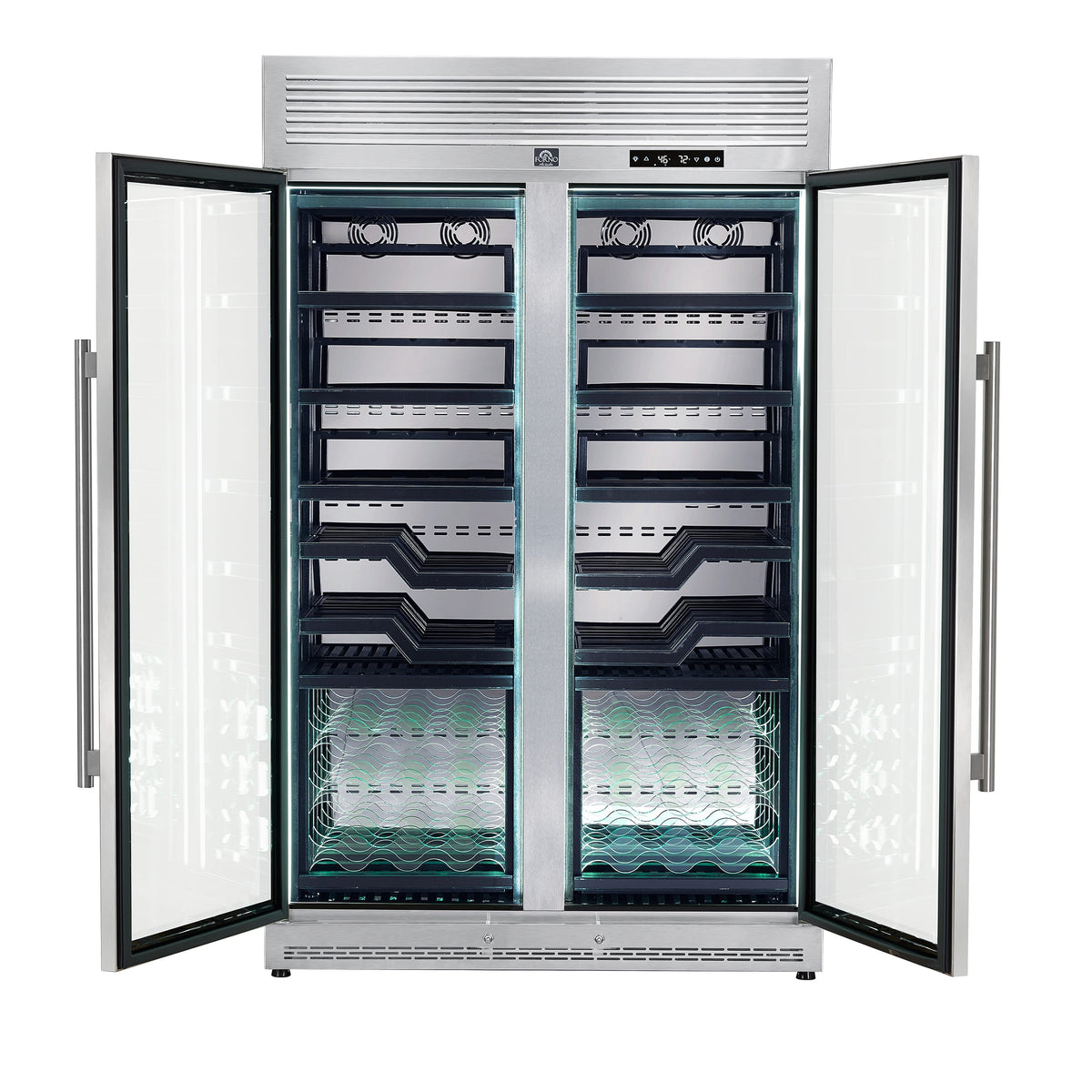 Forno Appliances - Abruzzo 102-Bottle Freestanding Dual Zone Wine Cellar with Green Acrylic Holders & Black Shelves - Stainless Steel