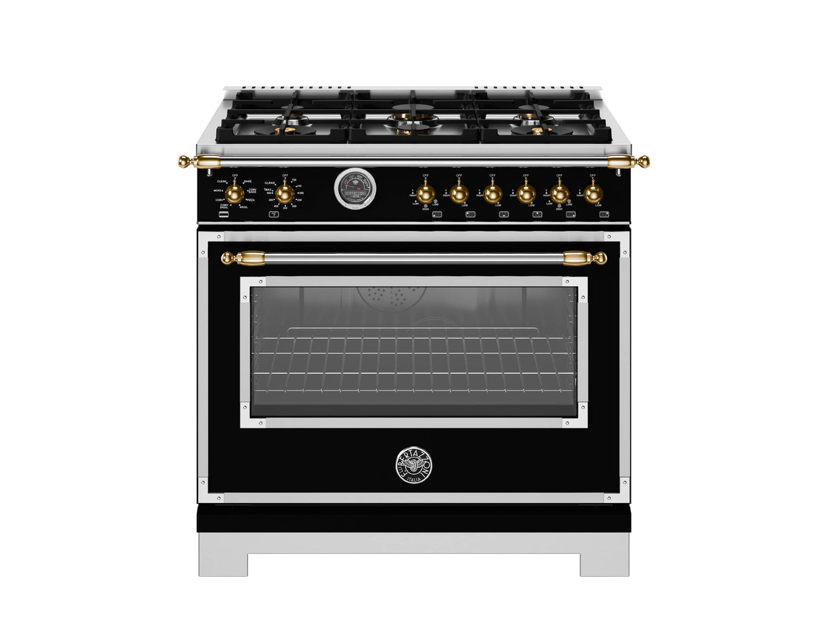 Bertazzoni - 36" Heritage Series Dual Fuel Range - Nero Matt/Gold - Black