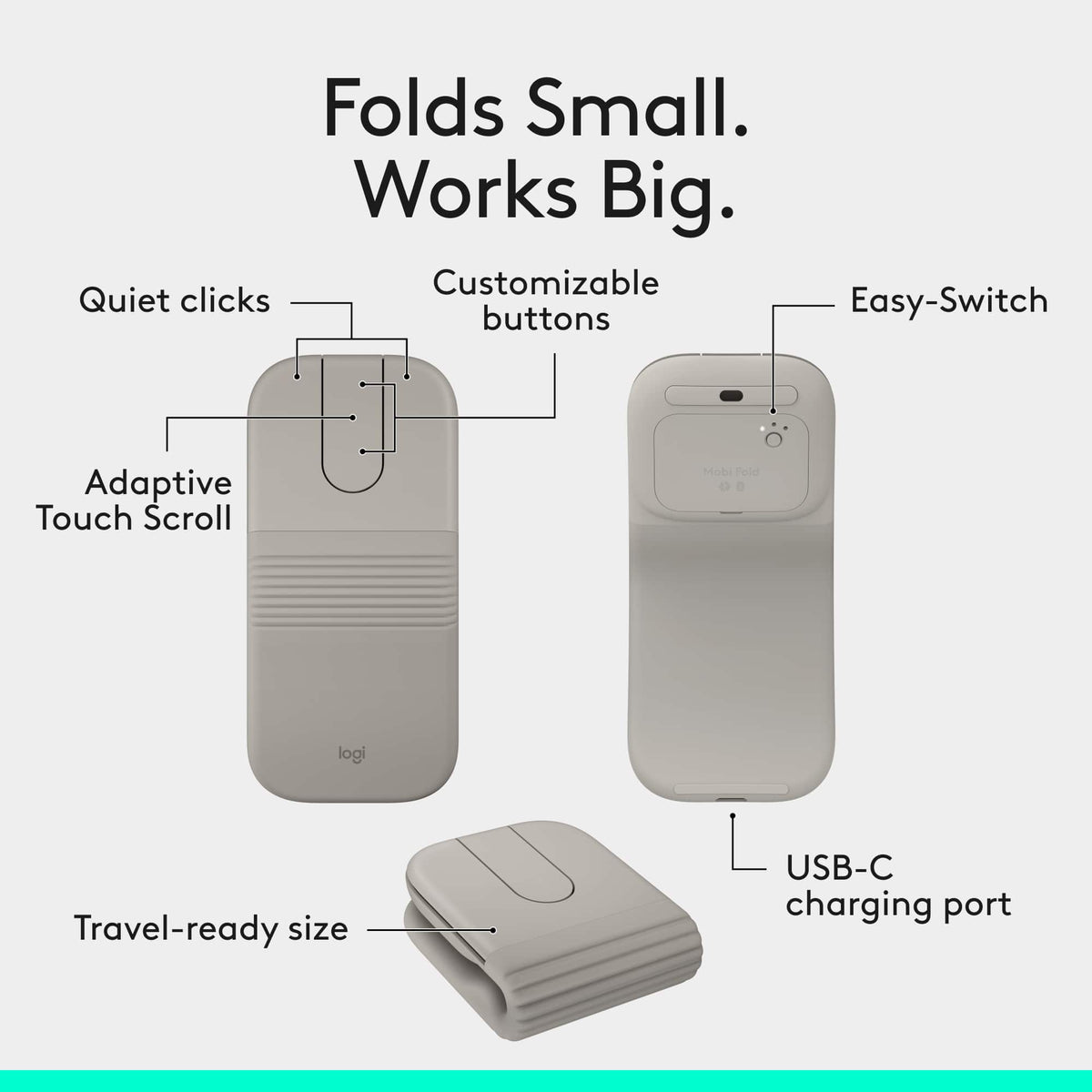 Logitech - Mobi Fold Ultra-Portable Travel Bluetooth Mouse with Touch Scroll and Quiet Clicks - Wireless - Sand