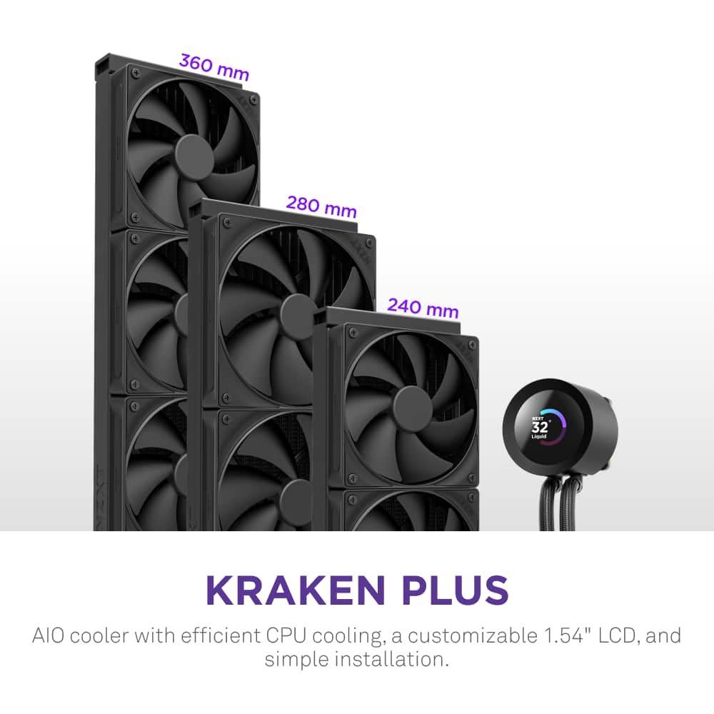 NZXT - Kraken Plus 240mm Radiator CPU Liquid Cooler (2 x 120mm F120P Fans) with 1.54" Square LCD - Black