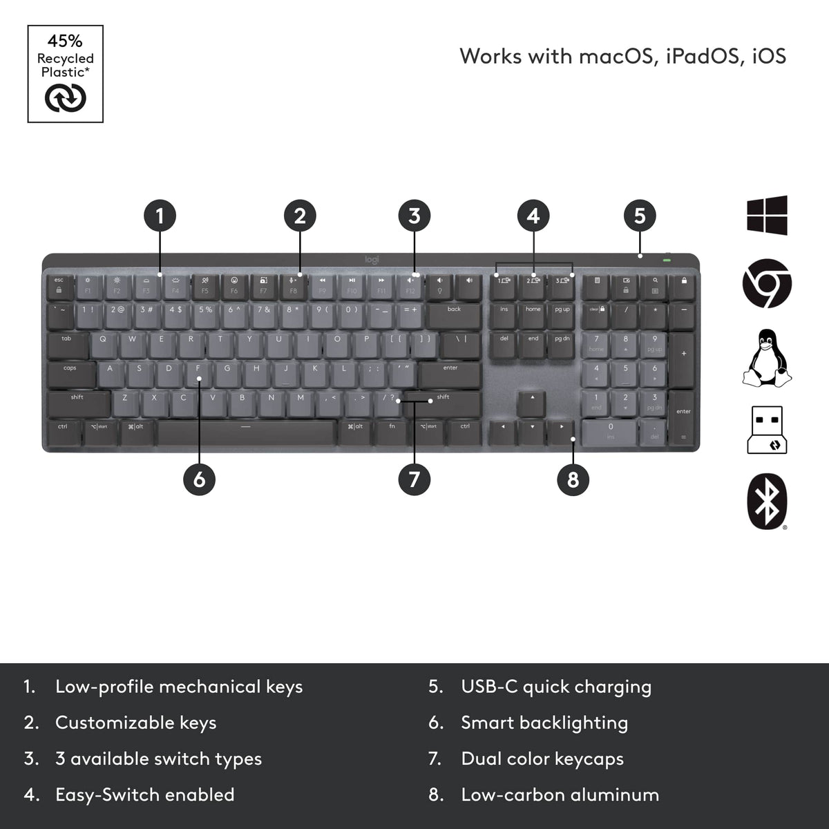 Logitech - MX Mechanical Full size Wireless Mechanical Tactile Switch Keyboard for Windows/macOS with Backlit Keys - Graphite