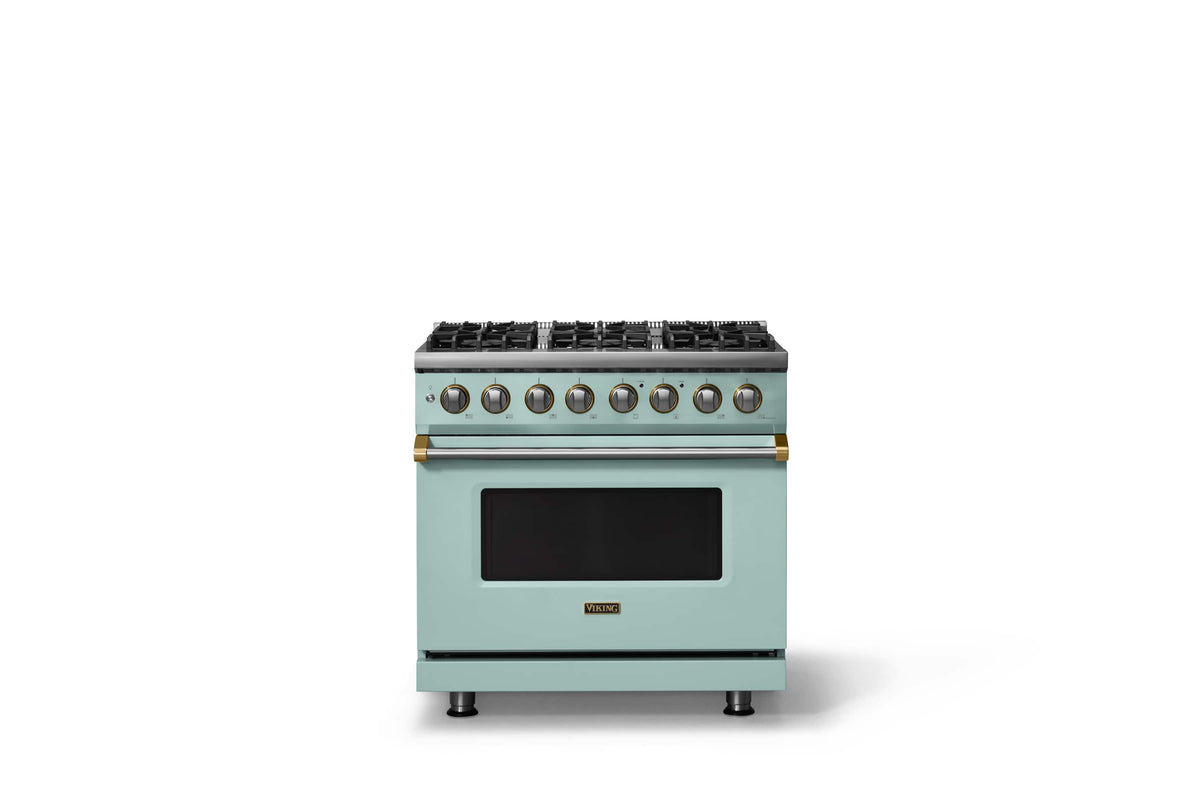 Viking - 36"W 5.6 Cu.Ft. Pro5S Freestanding Sealed 6 Burner Dual Fuel Convection LP Range - Splash w. Brushed Brass Trim - Splash