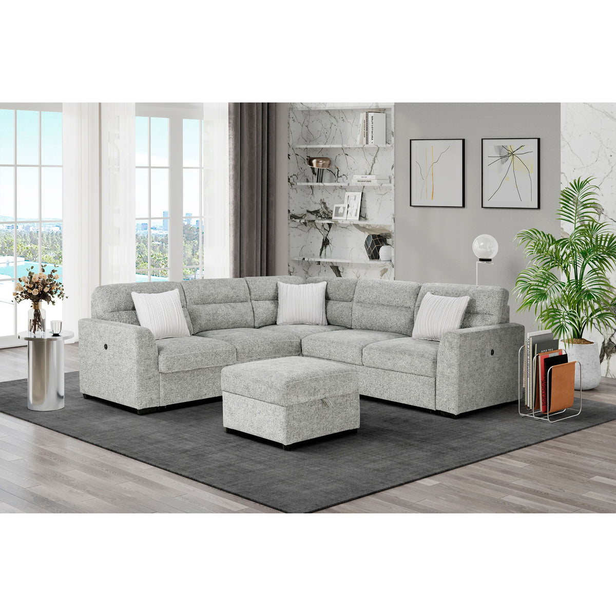 Emiliano - Sectional Sofa With 3 Pillows And Storage Ottoman - Nickel